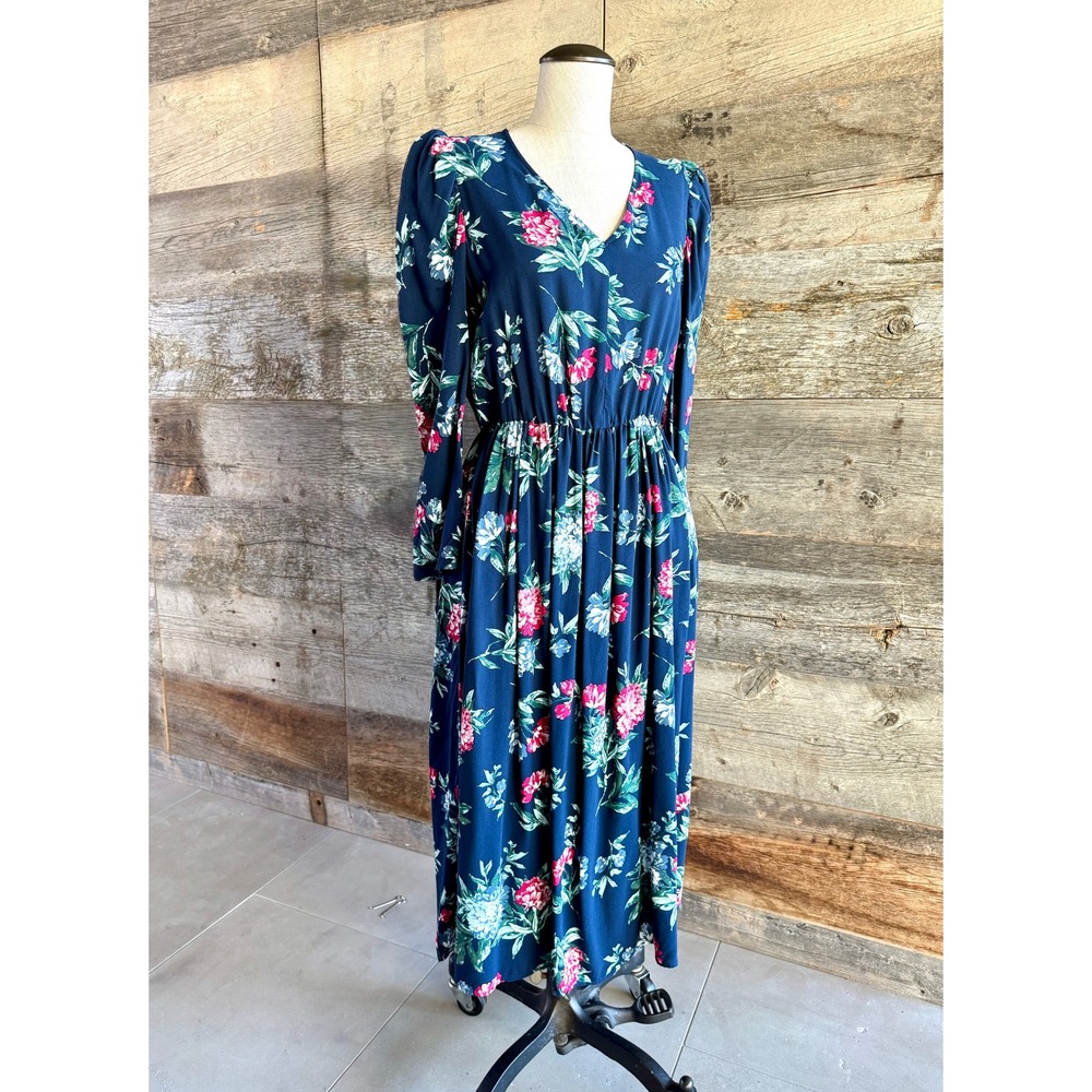 Banana‎ Republic NWT Puff Sleeve Floral Midi Dress S Navy Blue Pink Feminine